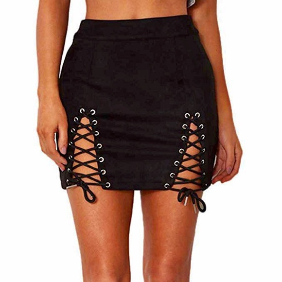 Black Lace Up Tie Suede Mini Skirt - Picture 4 of 4